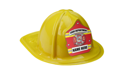 custom red and yellow uniform fire hat label