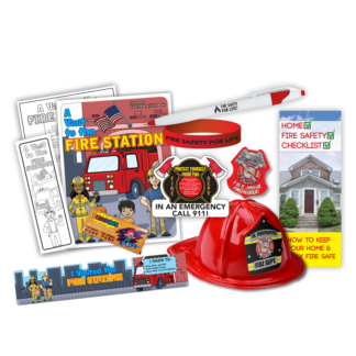 Fire station open house kit with fire hats, activity books, rulers, pamphlets, and promotional products for all ages