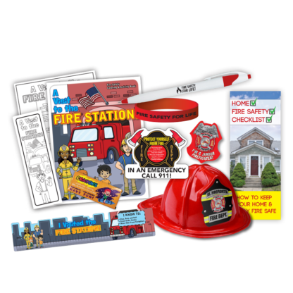 Fire station open house kit with fire hats, activity books, rulers, pamphlets, and promotional products for all ages